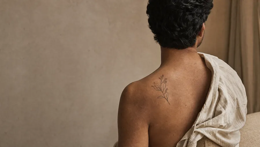 Dos d'un homme portant un tatouage botanique fin sur l'omoplate