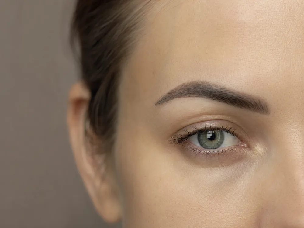 Sourcil foncé au tracé marqué, avant un détatouage des sourcils