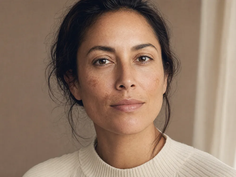 Femme au teint unifié, sans taches, regard face caméra