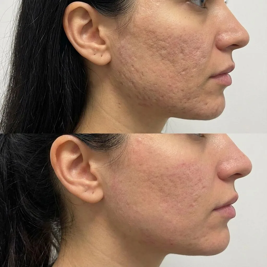 Avant et après du traitement des cicatrices d'acné sur la joue d'une femme de profil, My Laser Casablanca