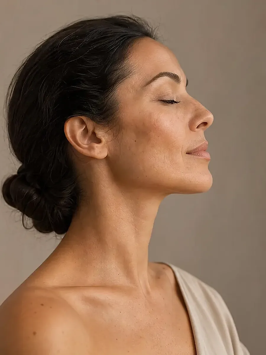 Femme de profil, yeux fermés, ovale du visage et cou dégagés